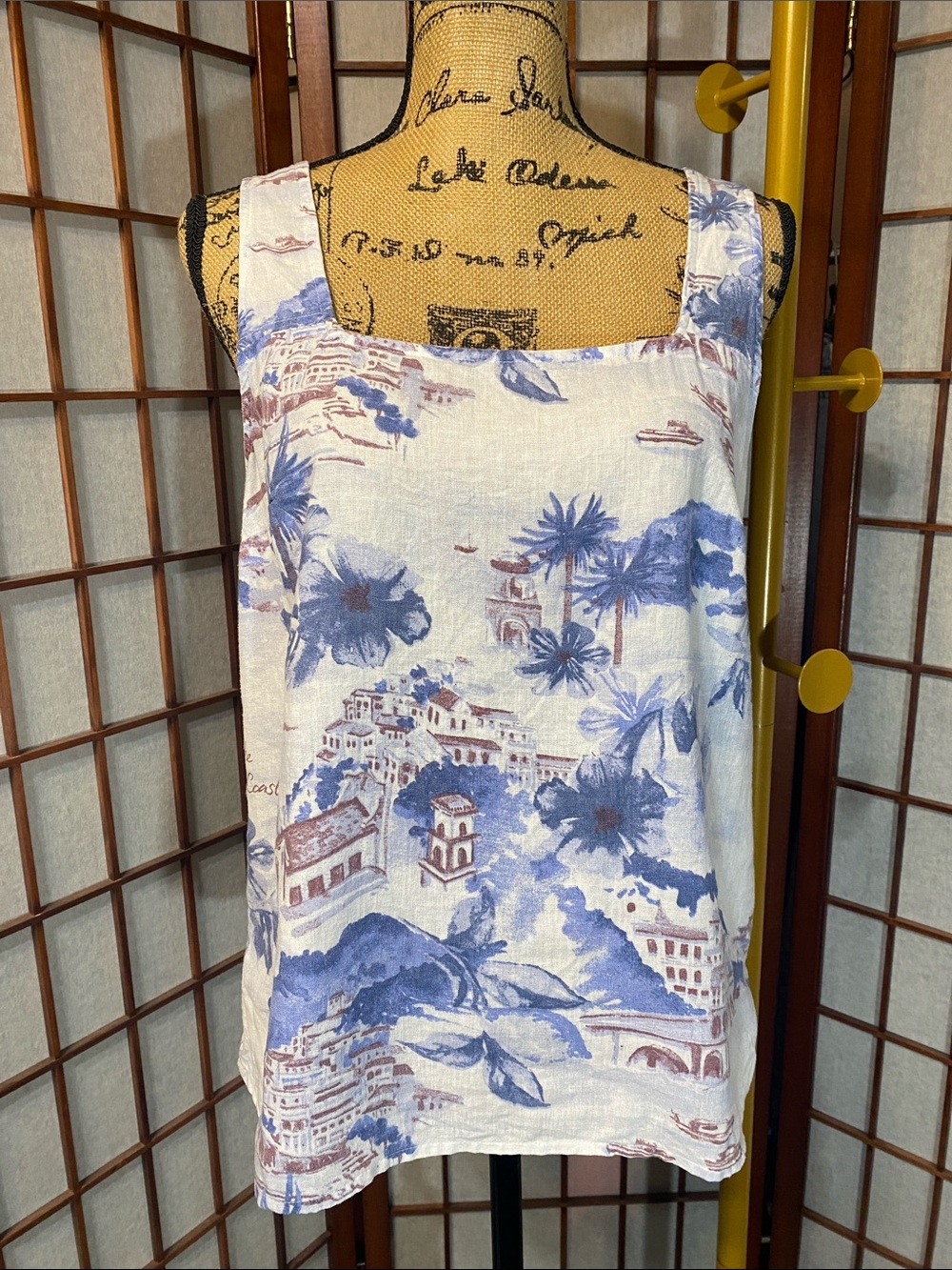 Cynthia Rowley White Tank Top with Blue Scenic Print